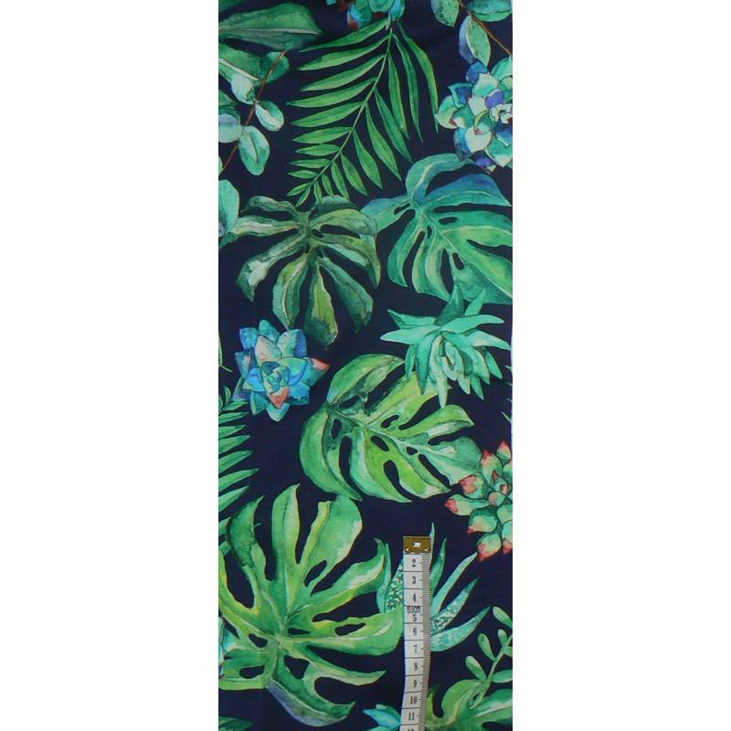3R36 Bavlněný singel žerzej 93x12cm monstera tmavě modrá zbytek na patchwork