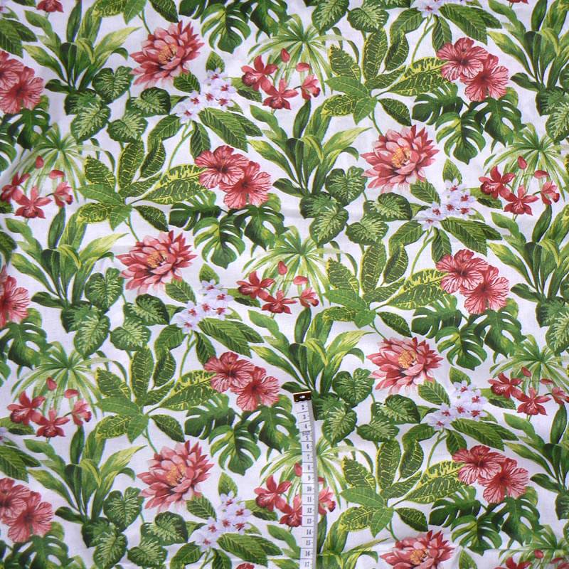 0956D/1 Bavlněná látka 52x69cm ibišky květy zelenočervená