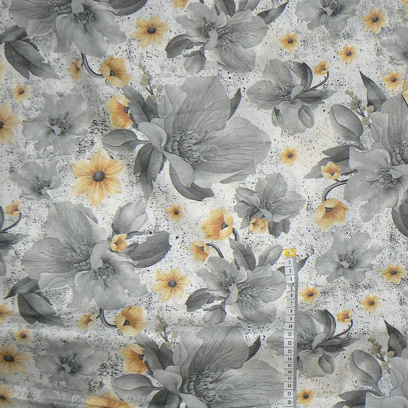 0952D/1 Bavlněná látka 50x69cm květy šedožlutá