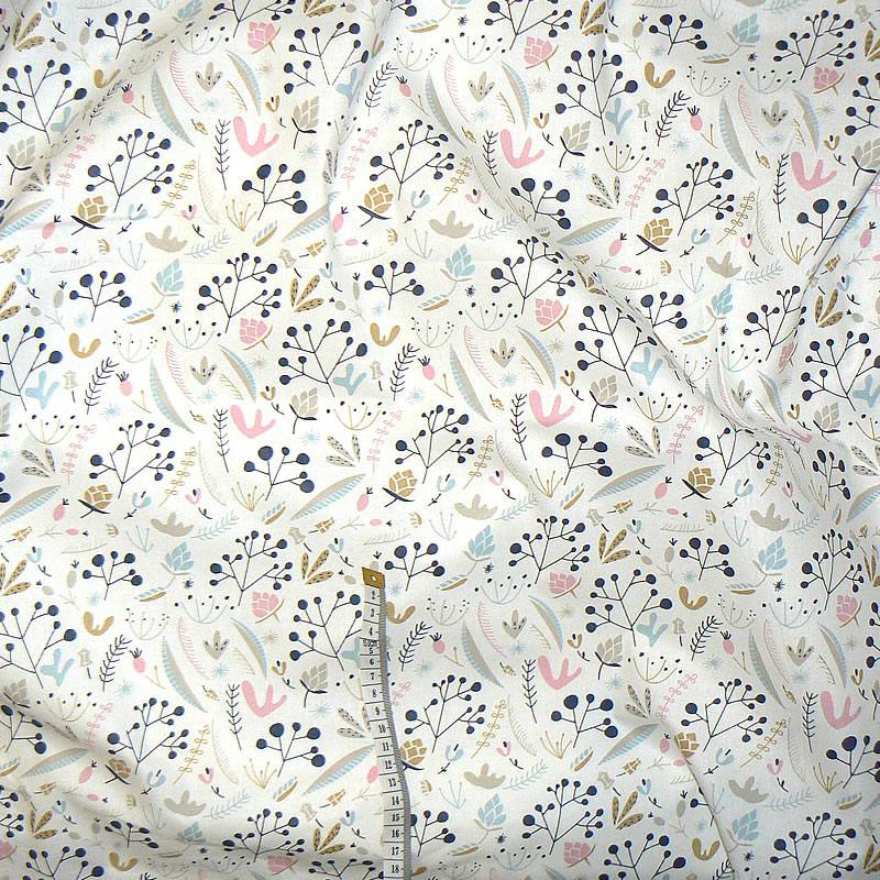0929D Bavlněná látka plátno 40x79cm jeřabina růžová modrá na bílé