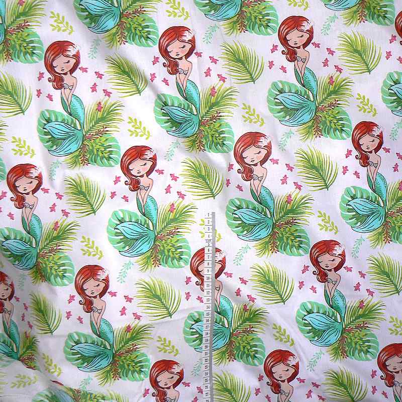 0991 Bavlněná látka plátno 40x79cm mořská víla listy na patchwork