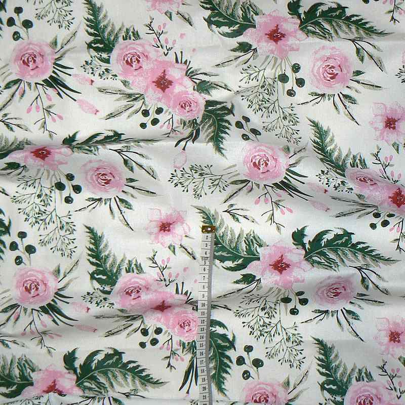 5J260 Bavlněná látka 172x56cm garden květy růžová na bílé zbytek na patchwork