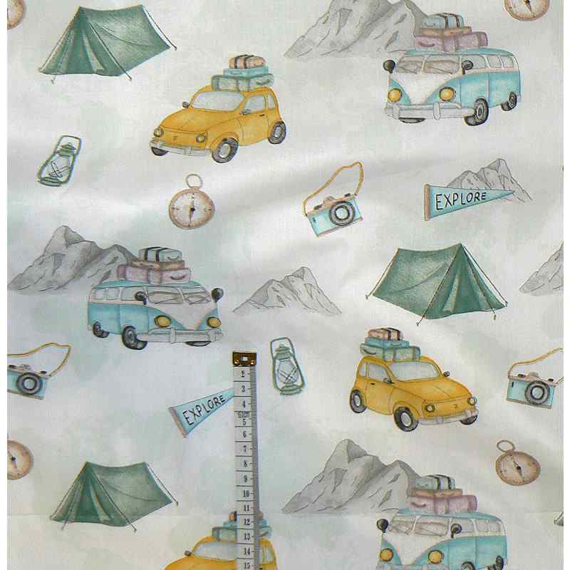 5Z232 Bavlněná látka plátno 76x55cm kempování bílá zbytek na patchwork