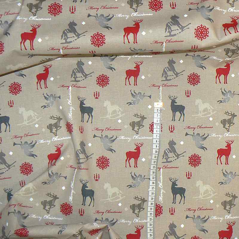0278D Vánoční bavlněná látka 40x69cm merry christmas sobi andílci na hnědé