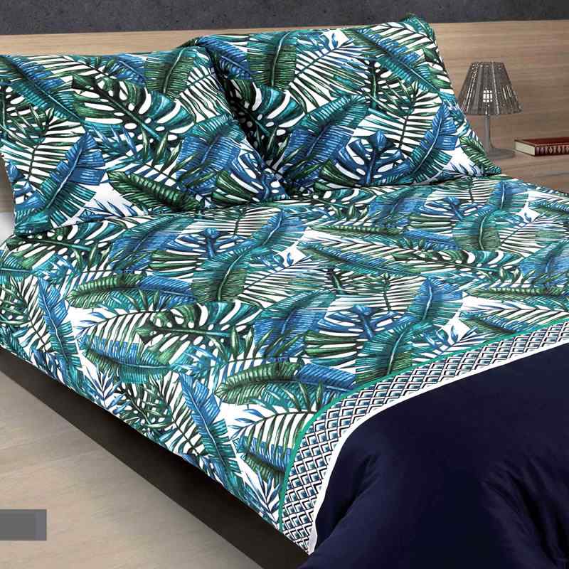 6D56 Bavlněný satén látka 140x60cm monstera listy tmavě modrá (viz polšář) zbytek na patchwork