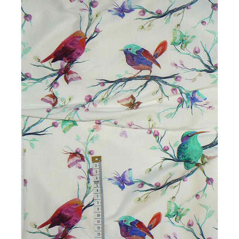 6N159 Vikozový bambus žerzej 23x28cm ptáčci větvičky bílá zbytek na patchwork