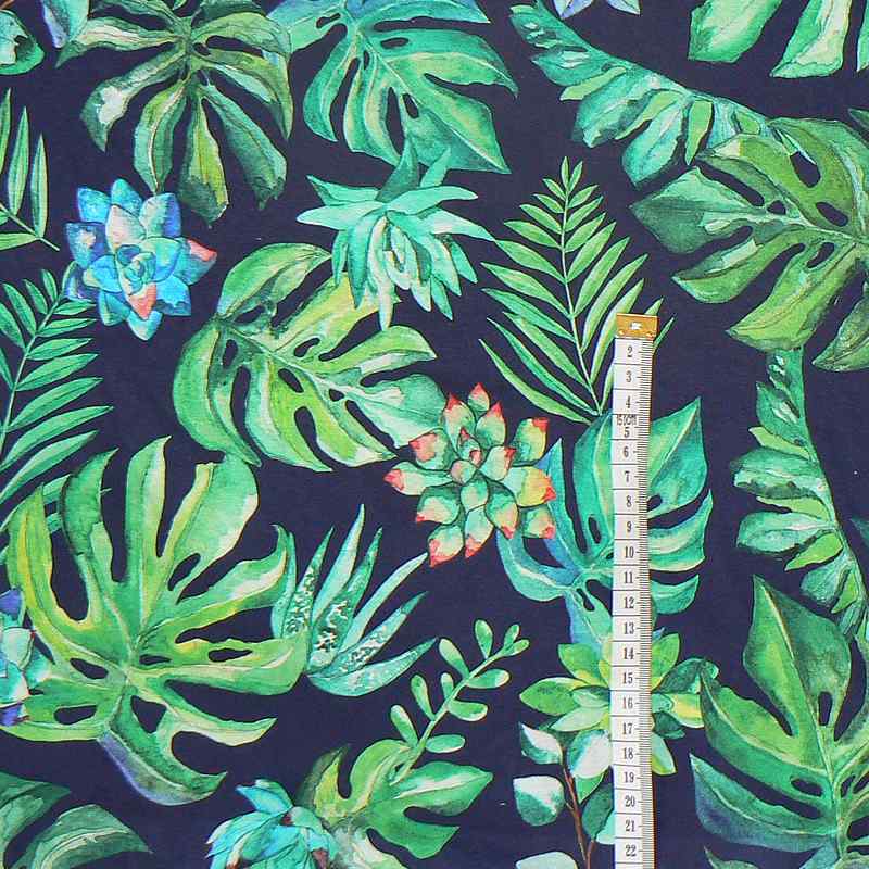 6F125 Bavlněný singel žerzej trojúhelník 42x44x60cm monstera tmavě modrá zbytek na patchwork