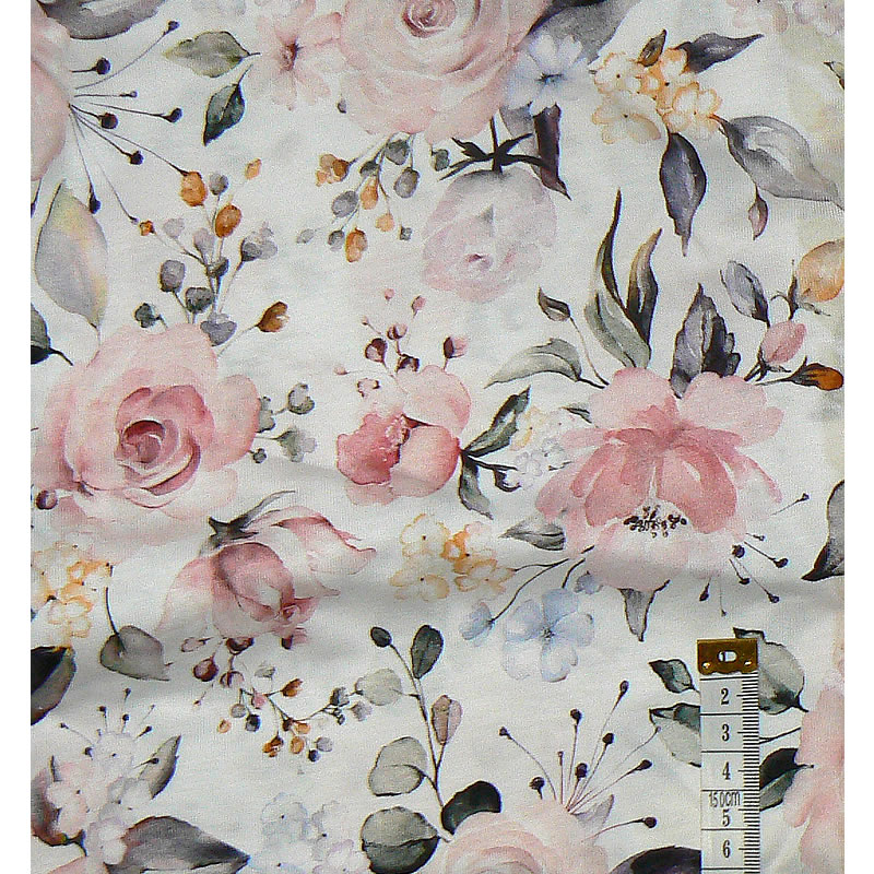 6I84 Bambusová viskóza žerzej 250x15cm květy růžpvá zbytek na patchwork