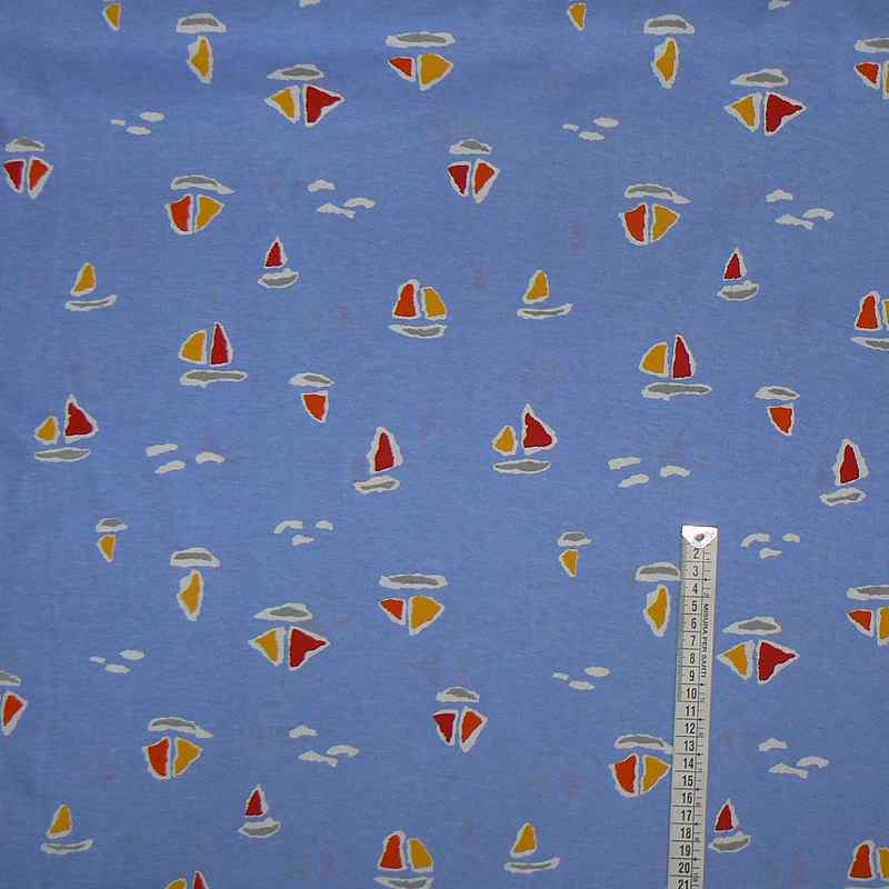 Bavlněný tenký úplet 50x160cm loďky na modré vhodný na oděvy (1D43)