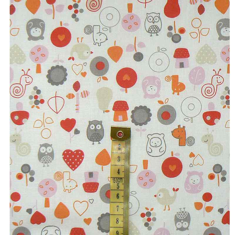 Bavlněná látka 20x20cm sovičky oranžovorůž na bílé zbytek na patchwork (1N112)