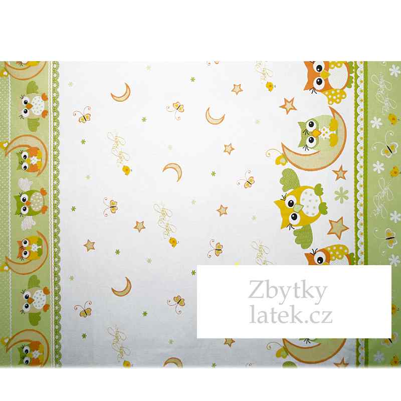 070D Bavlněná látka plátno 55x160cm sovičky zelenobílá