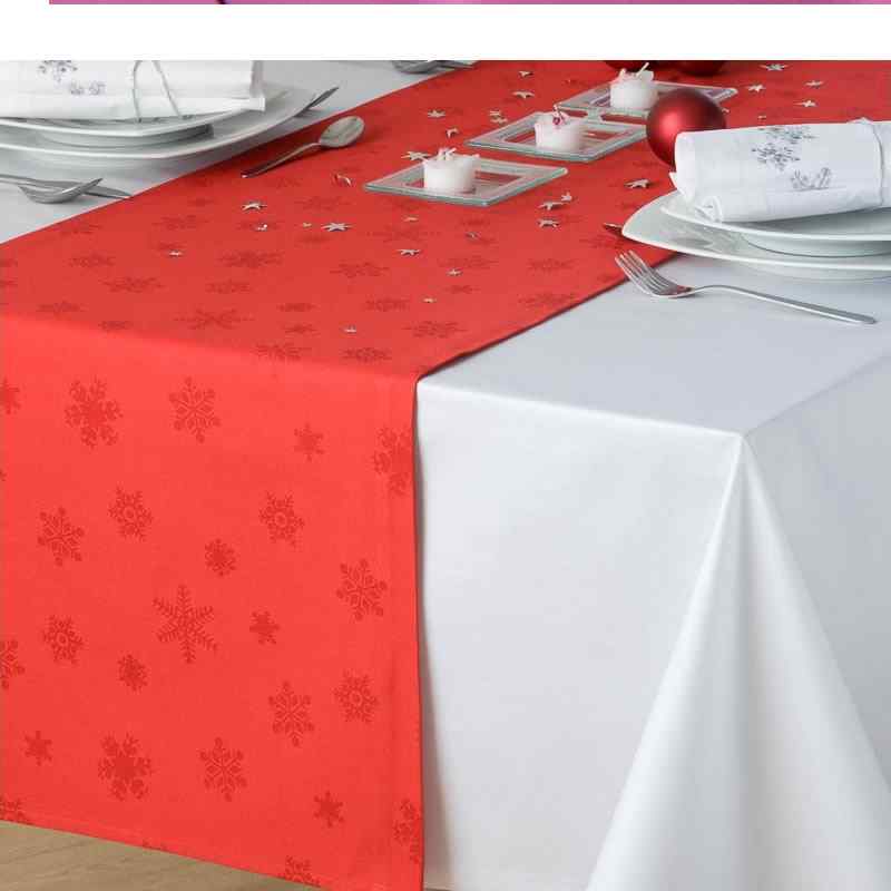 DA1044 Bavlněná látka vánoční ubrusovina 340x140cm červená vločky 200g/m2