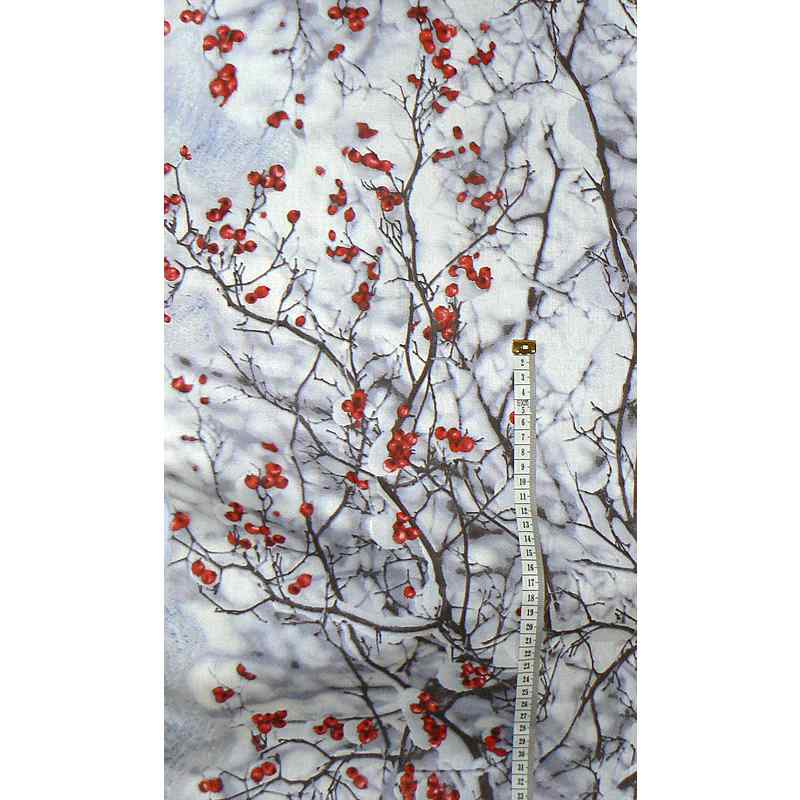 3T124 Bavlněná látka 140x30cm větvičky ve sněhu zbytek na patchwork