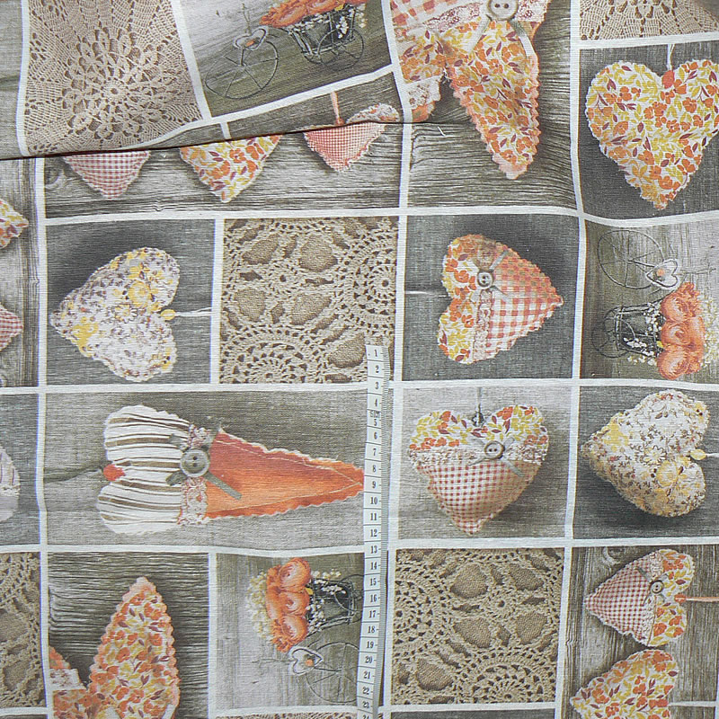 6N83 Bavlněná směsová (režná) látka 106x17cm krajky srdce oranžovobéžová zbytek na patchwork