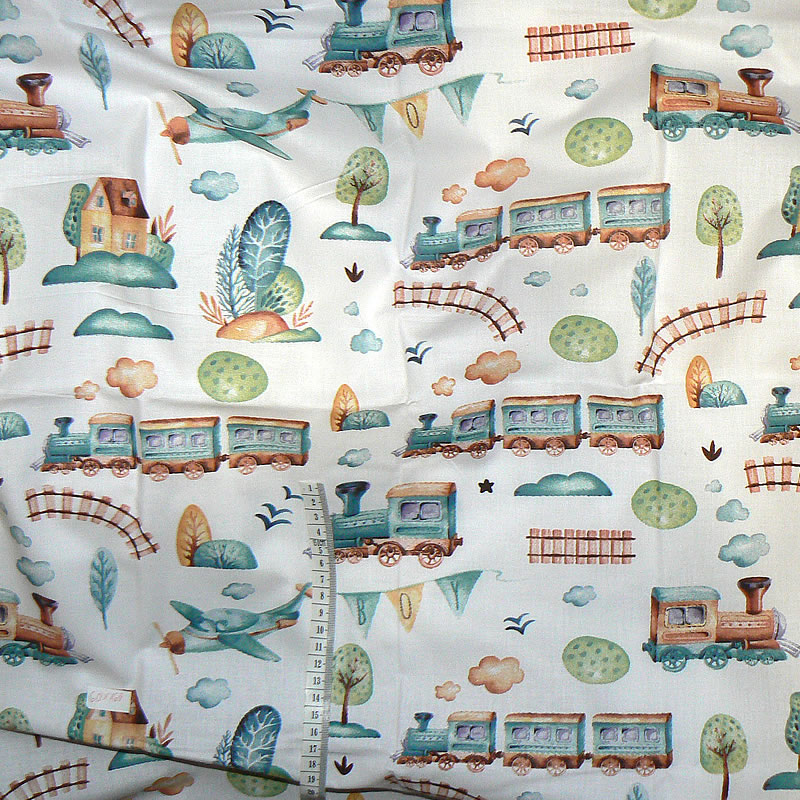 6K96 Bavlněná látka plátno 70x60cm vláčky boy na bílé zbytek na patchwork