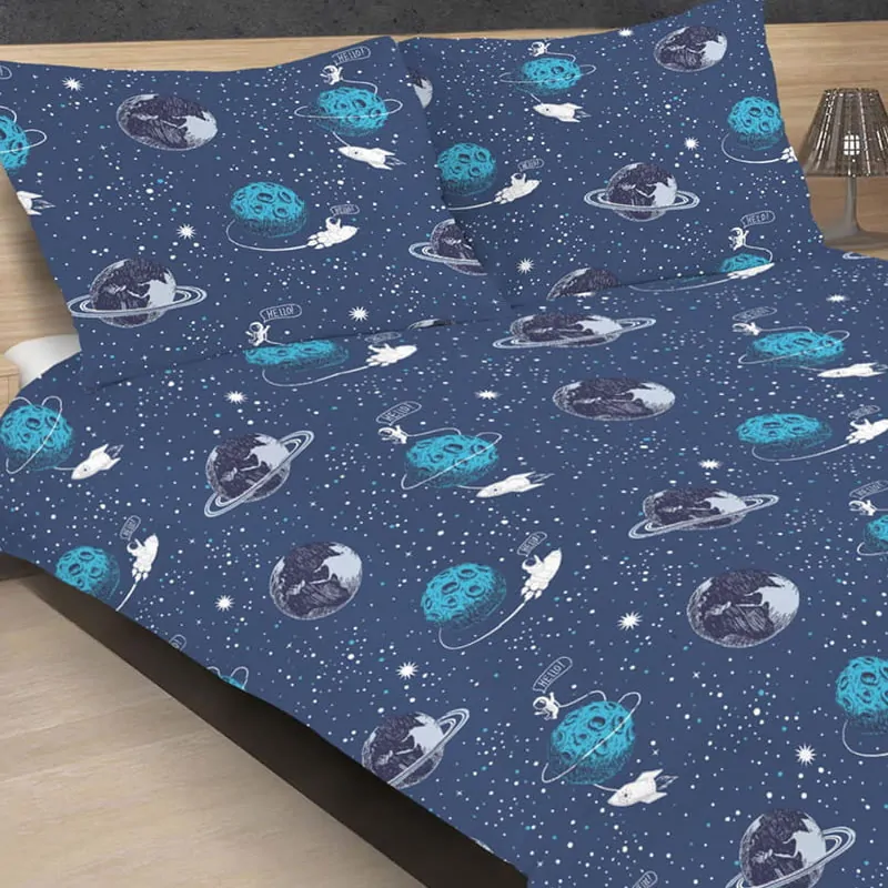 6M57 Bavlněný satén látka 72x120cm planeta vesmír na modré zbytek na patchwork