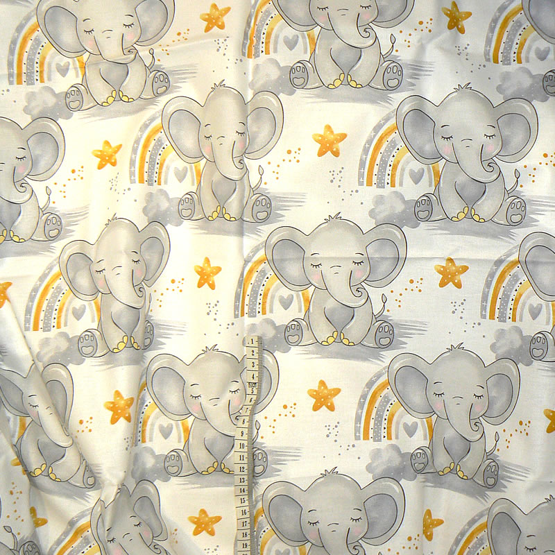 7F48 Bavlněná látka plátno 240x22cm sloníci žlutošedá zbytek na patchwork