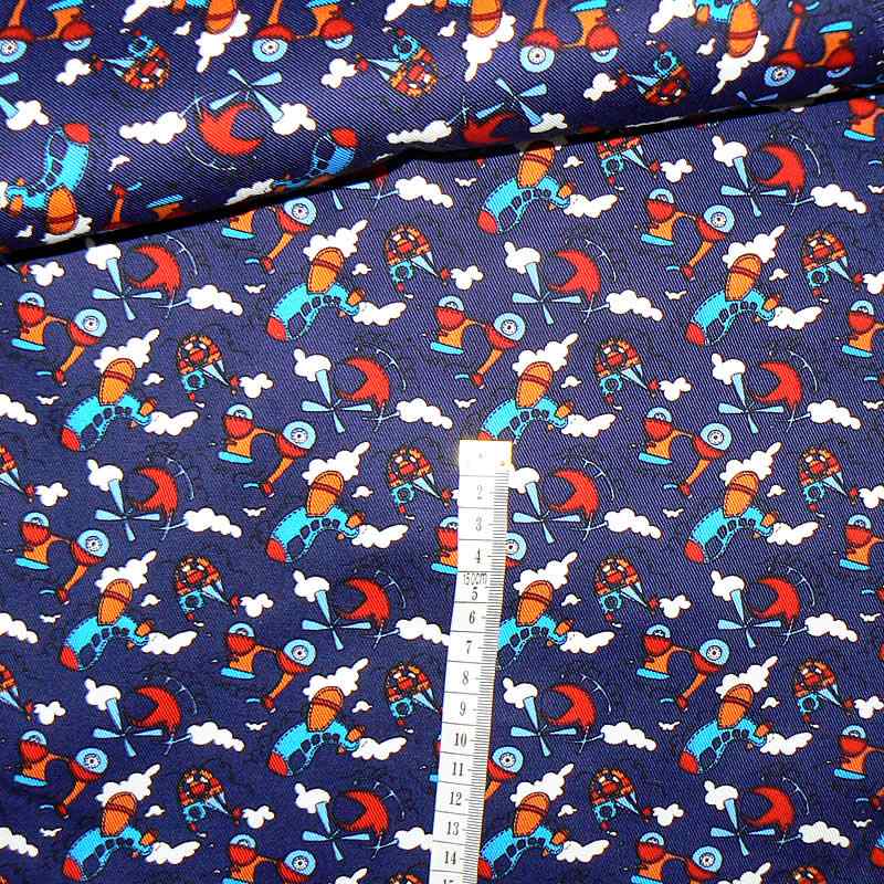 Bavlněná látka džínovina 36x146cm letadýlka tm. modrá (1Q82)
