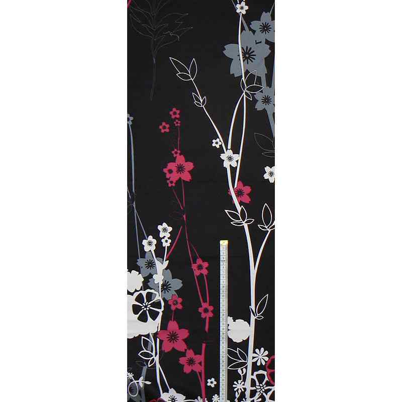 Bavlněný satén látka 140x30cm černošedá květy zbytek na patchwork (1Q94)
