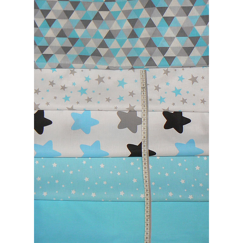 BA1 Balíček bavlněných látek 5ks 40x40cm pyramidy/tyrkys balíček na patchwork (viz foto)