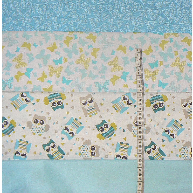 BA2 Balíček bavlněných látek 4ks 40x40cm sovičky/tyrkys balíček na patchwork (viz foto)