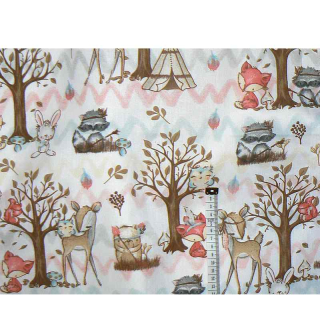 7E290 Bavlněná látka 120x65cm stromy laně zvířátka zbytek na patchwork