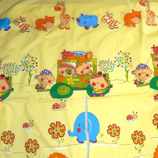 0120D Bavlněná látka plátno 160x50cm zvířátka auto na žluté