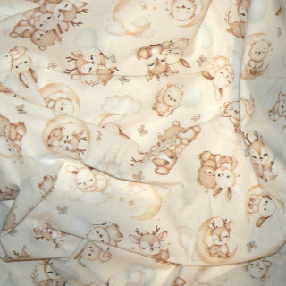 7E35 Bavlněný flanel látka 64x160cm zvířátka měsíčky krémová