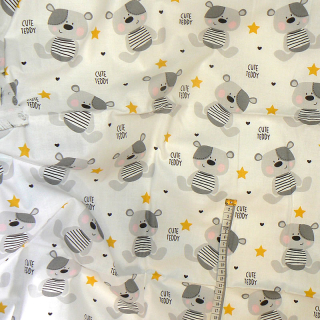 0686 Bavlněná látka plátno 40x79cm cute teddy žlutobílá zbytek na patchwork